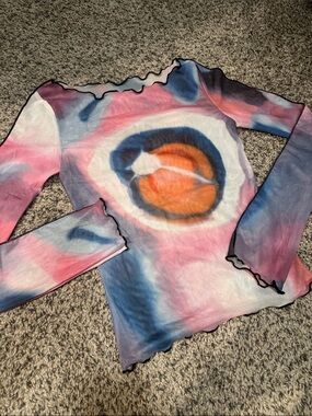 Girls' Mesh Tie-Dye Long Sleeve Top - Pink, Blue & Orange